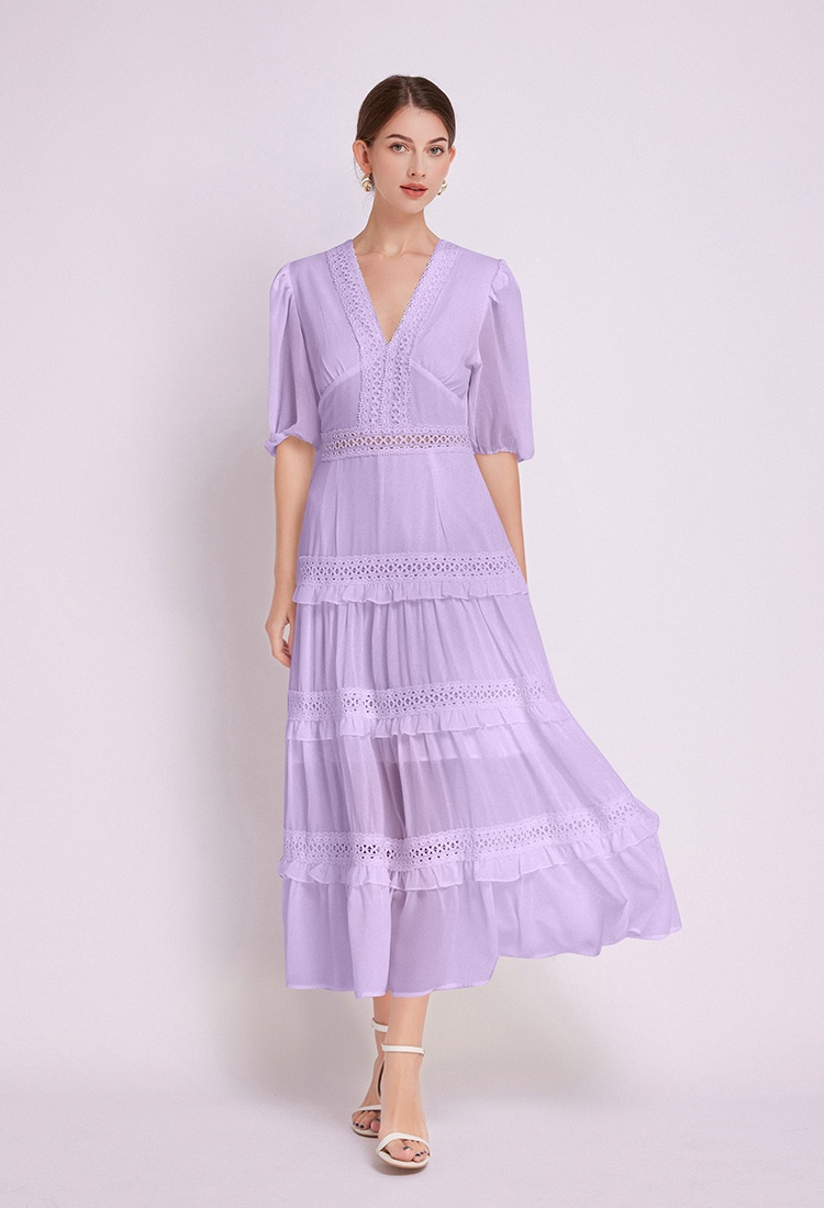 Splice European style spring big skirt lace V-neck dress