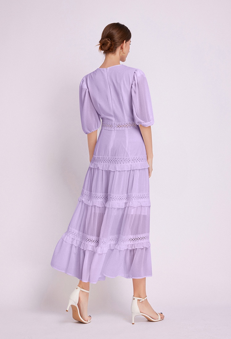 Splice European style spring big skirt lace V-neck dress