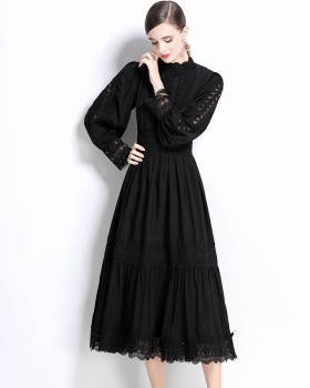 Lantern sleeve lace temperament splice cstand collar dress