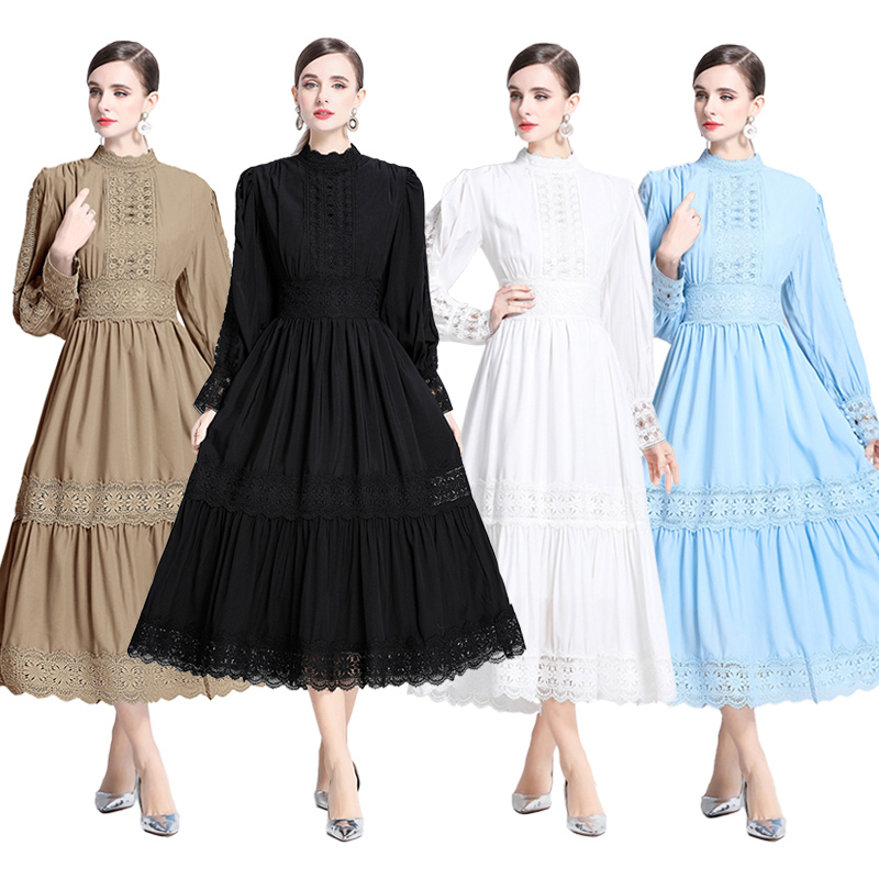 Lantern sleeve lace temperament splice cstand collar dress