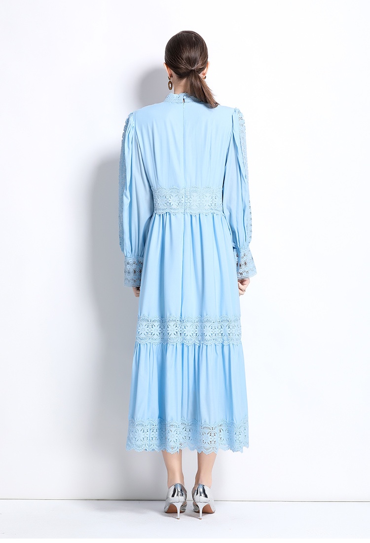 Lantern sleeve lace temperament splice cstand collar dress