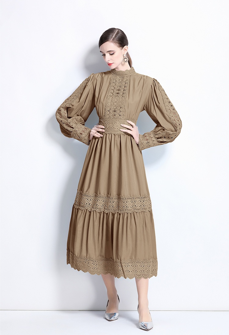 Lantern sleeve lace temperament splice cstand collar dress