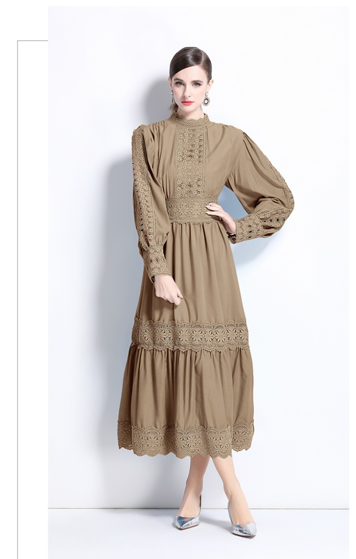 Lantern sleeve lace temperament splice cstand collar dress