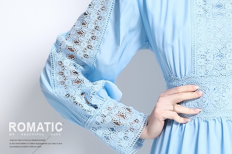 Lantern sleeve lace temperament splice cstand collar dress