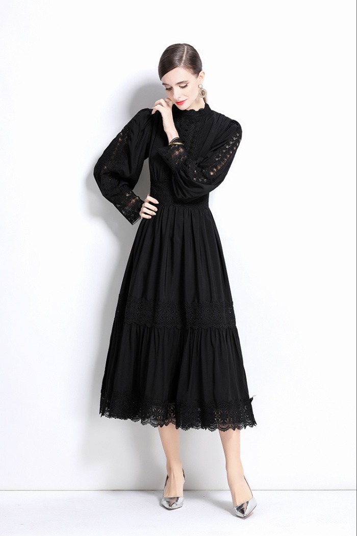 Lantern sleeve lace temperament splice cstand collar dress