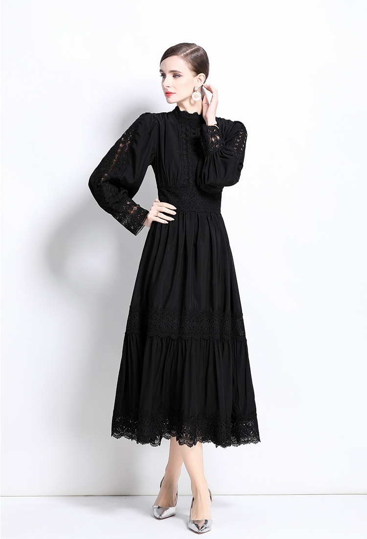 Lantern sleeve lace temperament splice cstand collar dress