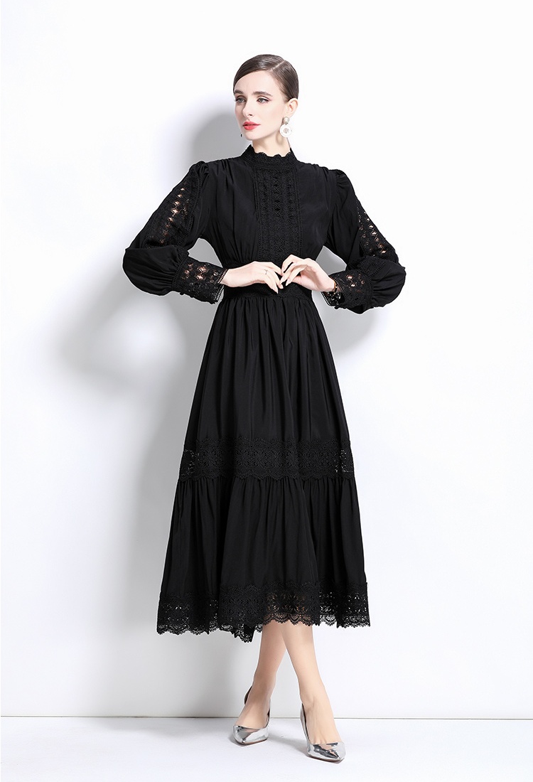 Lantern sleeve lace temperament splice cstand collar dress