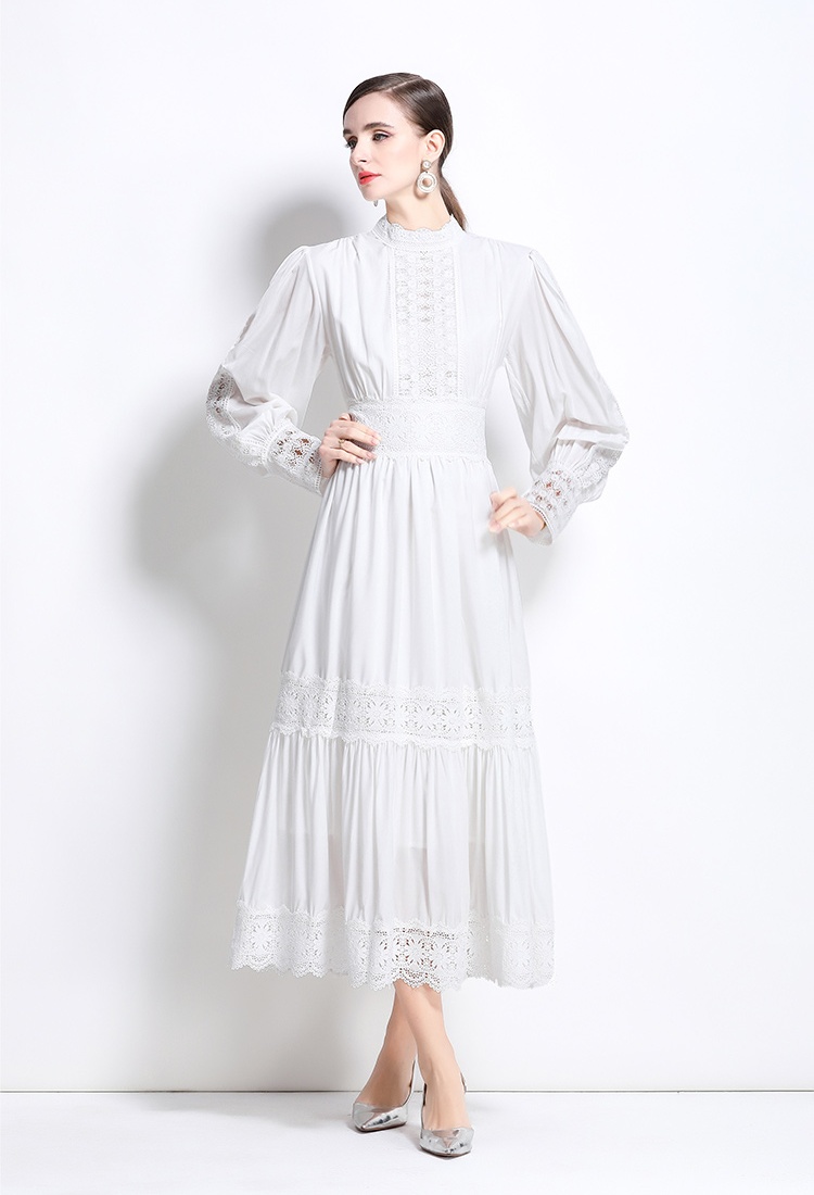 Lantern sleeve lace temperament splice cstand collar dress