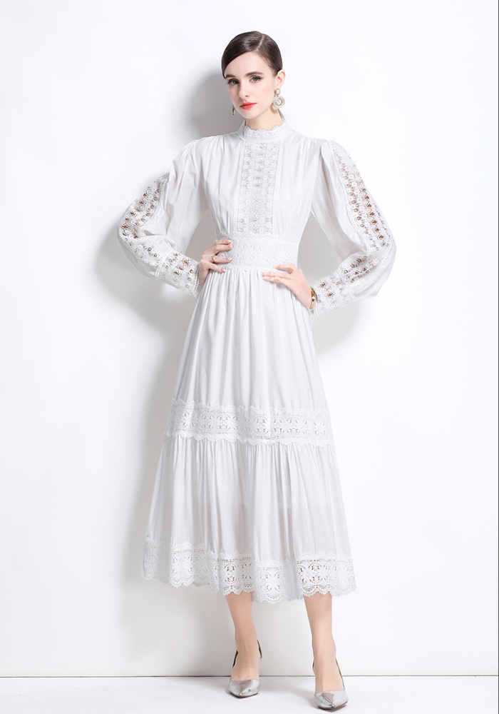 Lantern sleeve lace temperament splice cstand collar dress