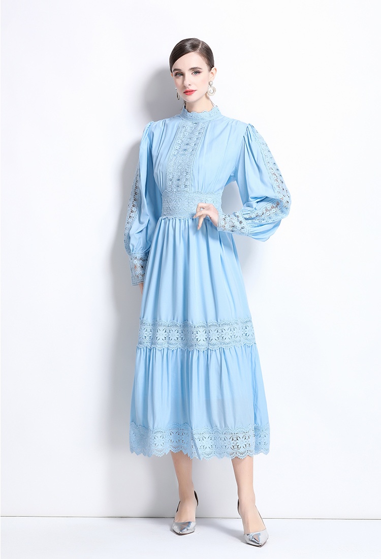 Lantern sleeve lace temperament splice cstand collar dress