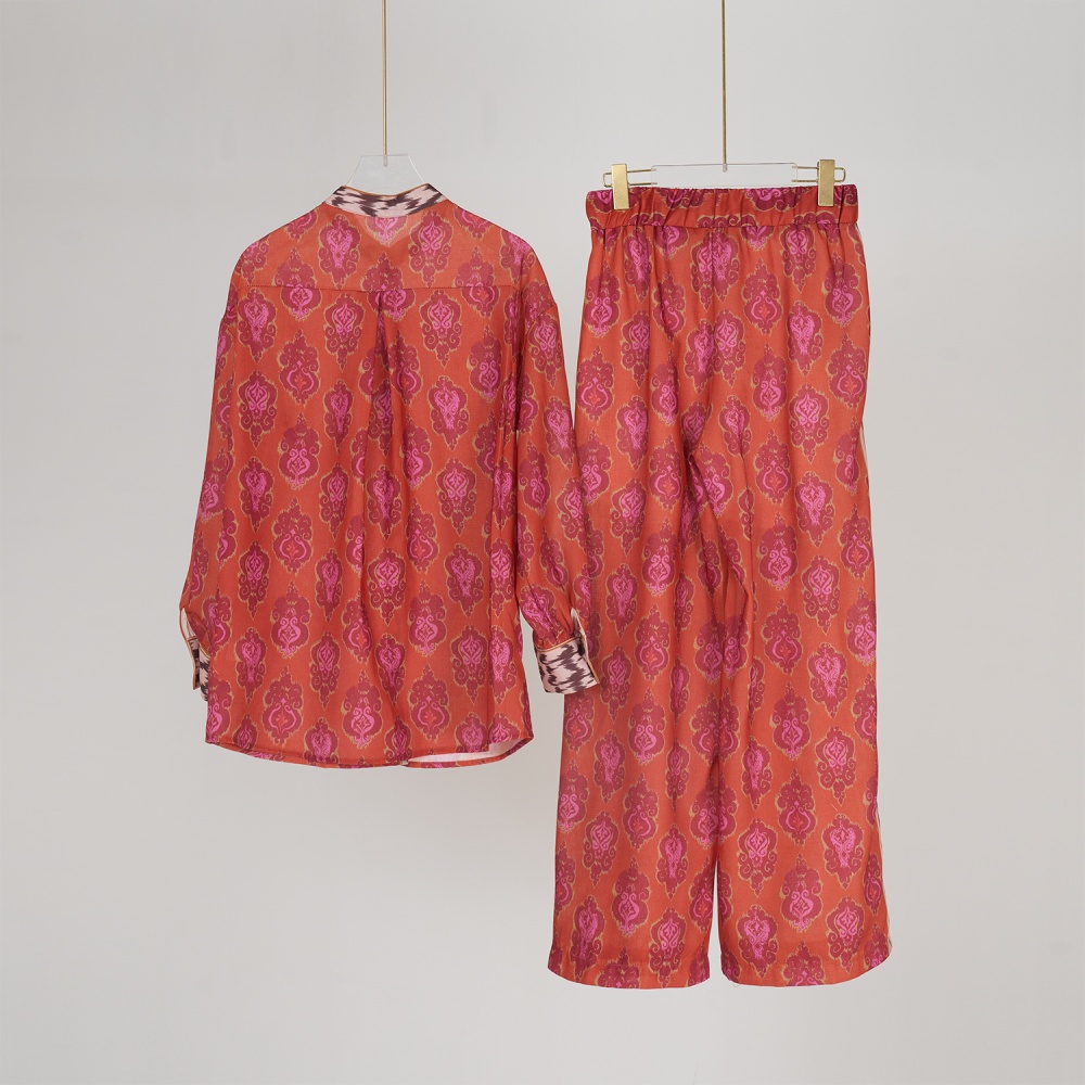 Cstand collar vacation long pants pattern shirt a set