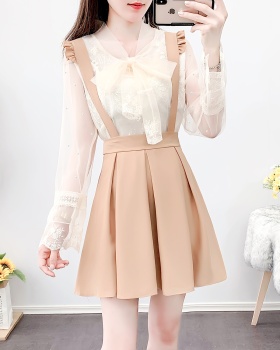 Lace pleated shirts spring temperament strap dress 2pcs set