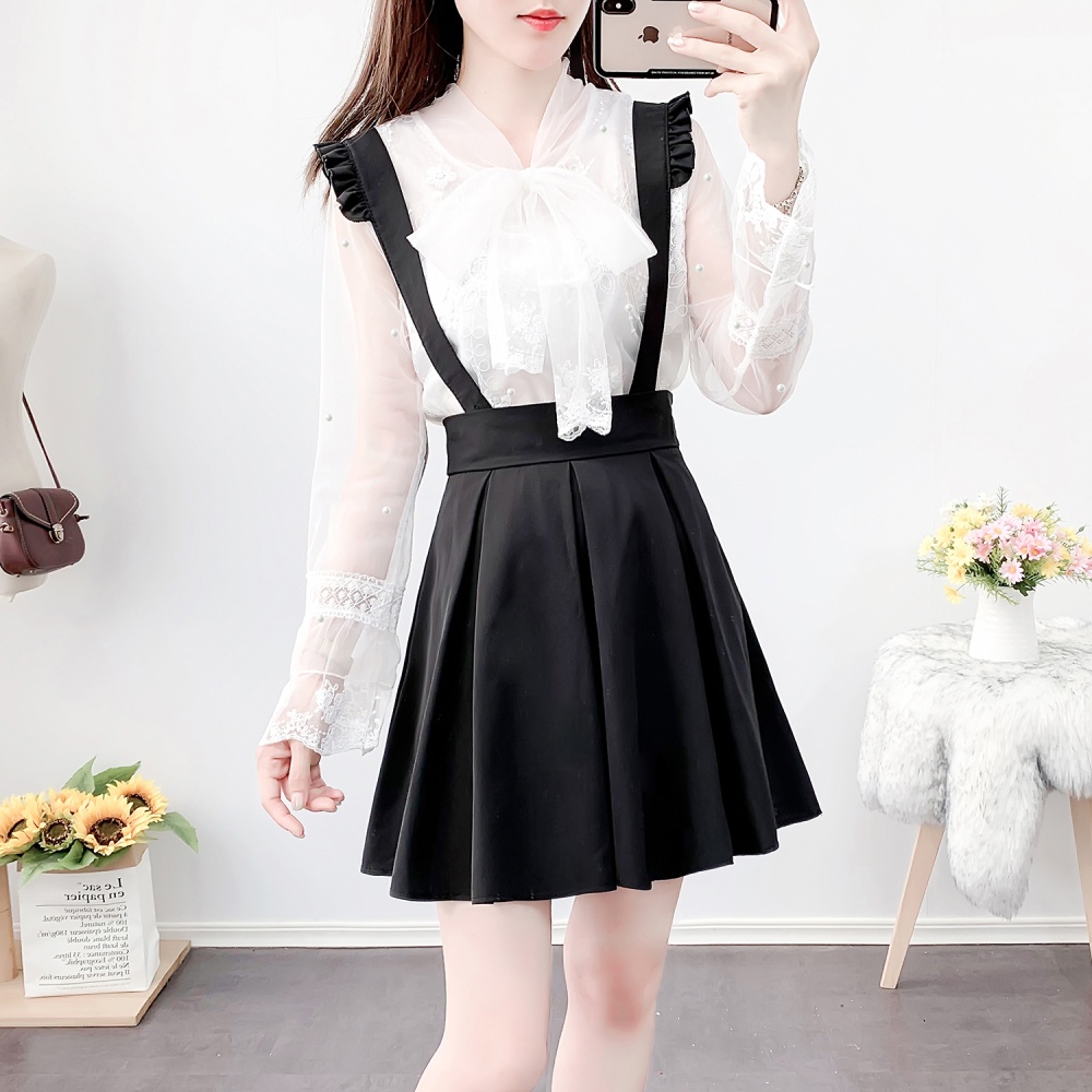 Lace pleated shirts spring temperament strap dress 2pcs set