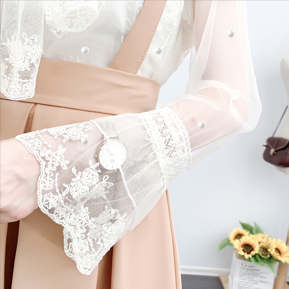 Lace pleated shirts spring temperament strap dress 2pcs set