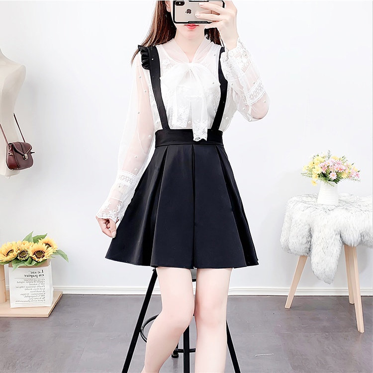 Lace pleated shirts spring temperament strap dress 2pcs set