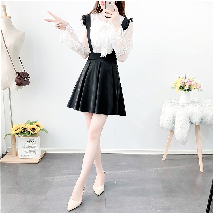 Lace pleated shirts spring temperament strap dress 2pcs set