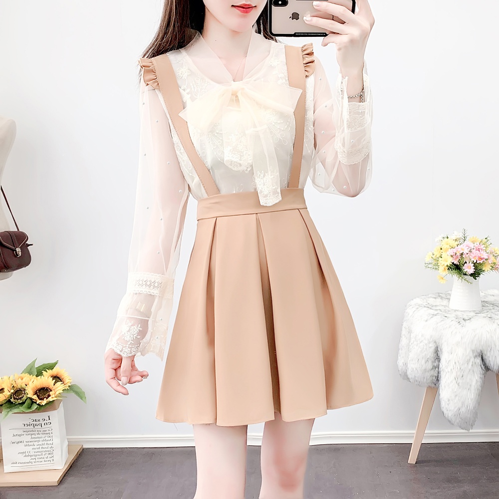 Lace pleated shirts spring temperament strap dress 2pcs set