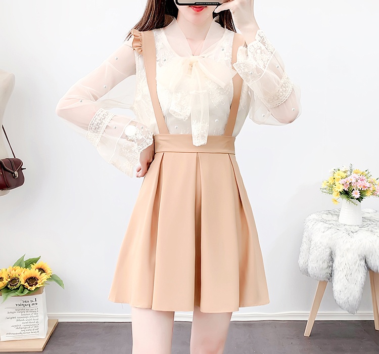 Lace pleated shirts spring temperament strap dress 2pcs set