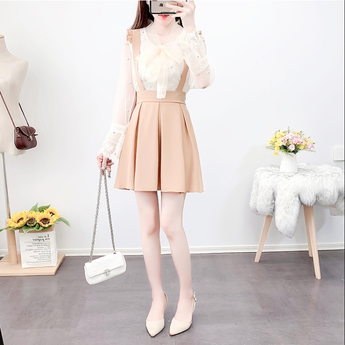 Lace pleated shirts spring temperament strap dress 2pcs set