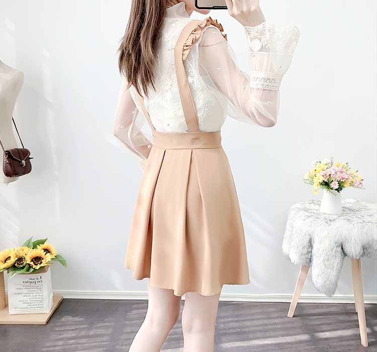 Lace pleated shirts spring temperament strap dress 2pcs set