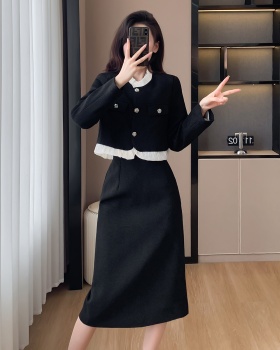 Chanelstyle high waist coat splice package hip skirt 2pcs set