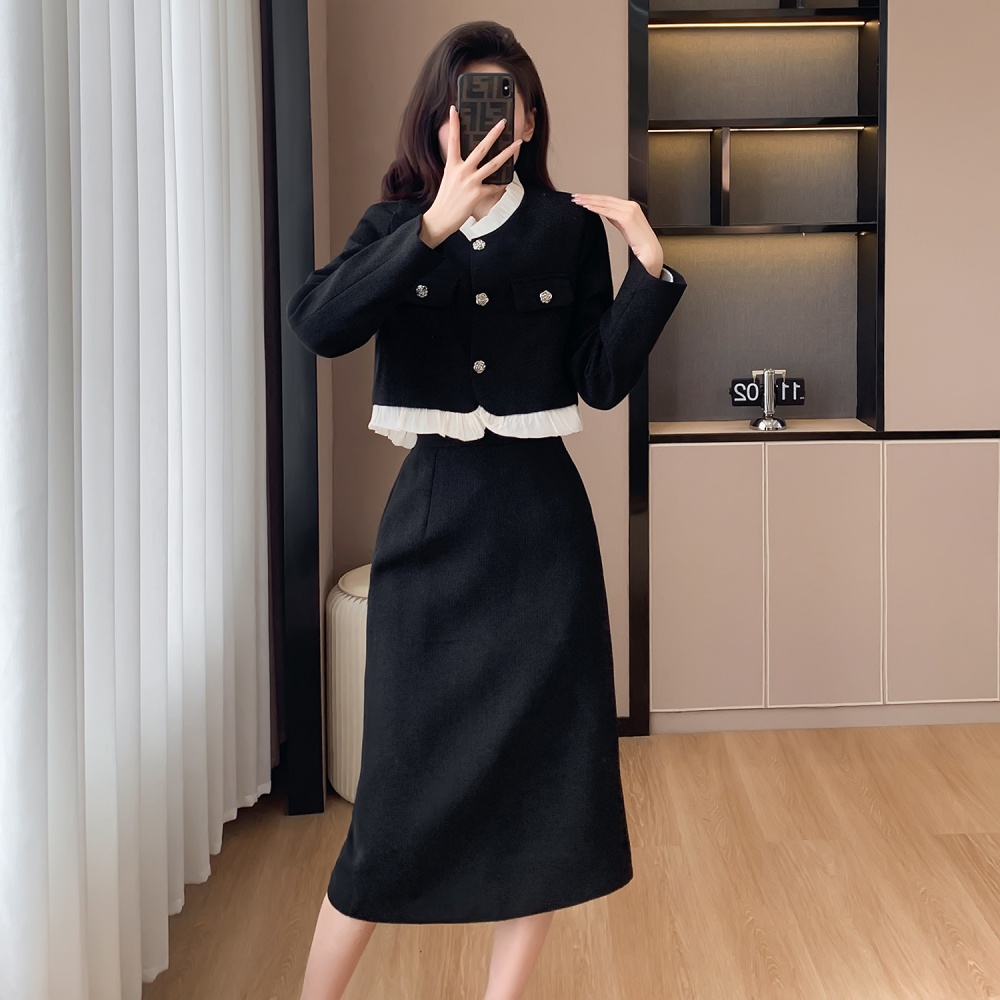 Chanelstyle high waist coat splice package hip skirt 2pcs set