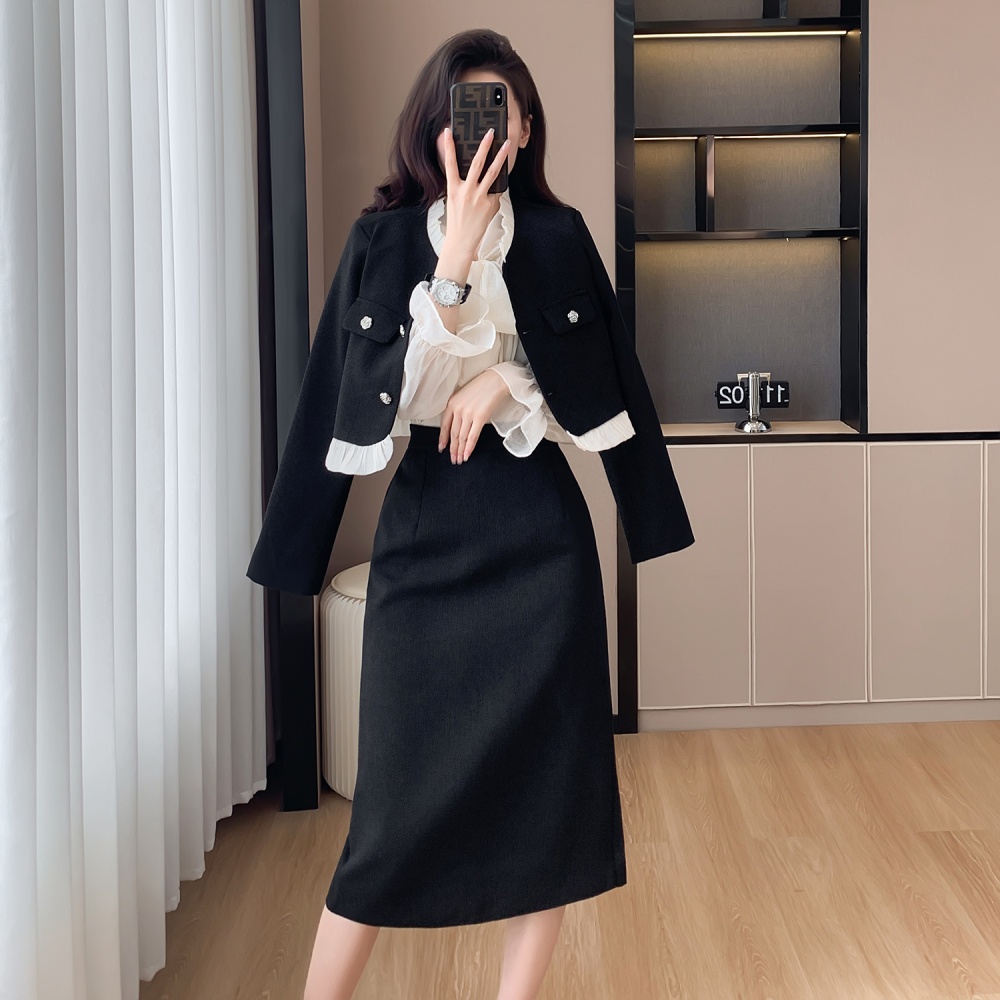 Chanelstyle high waist coat splice package hip skirt 2pcs set