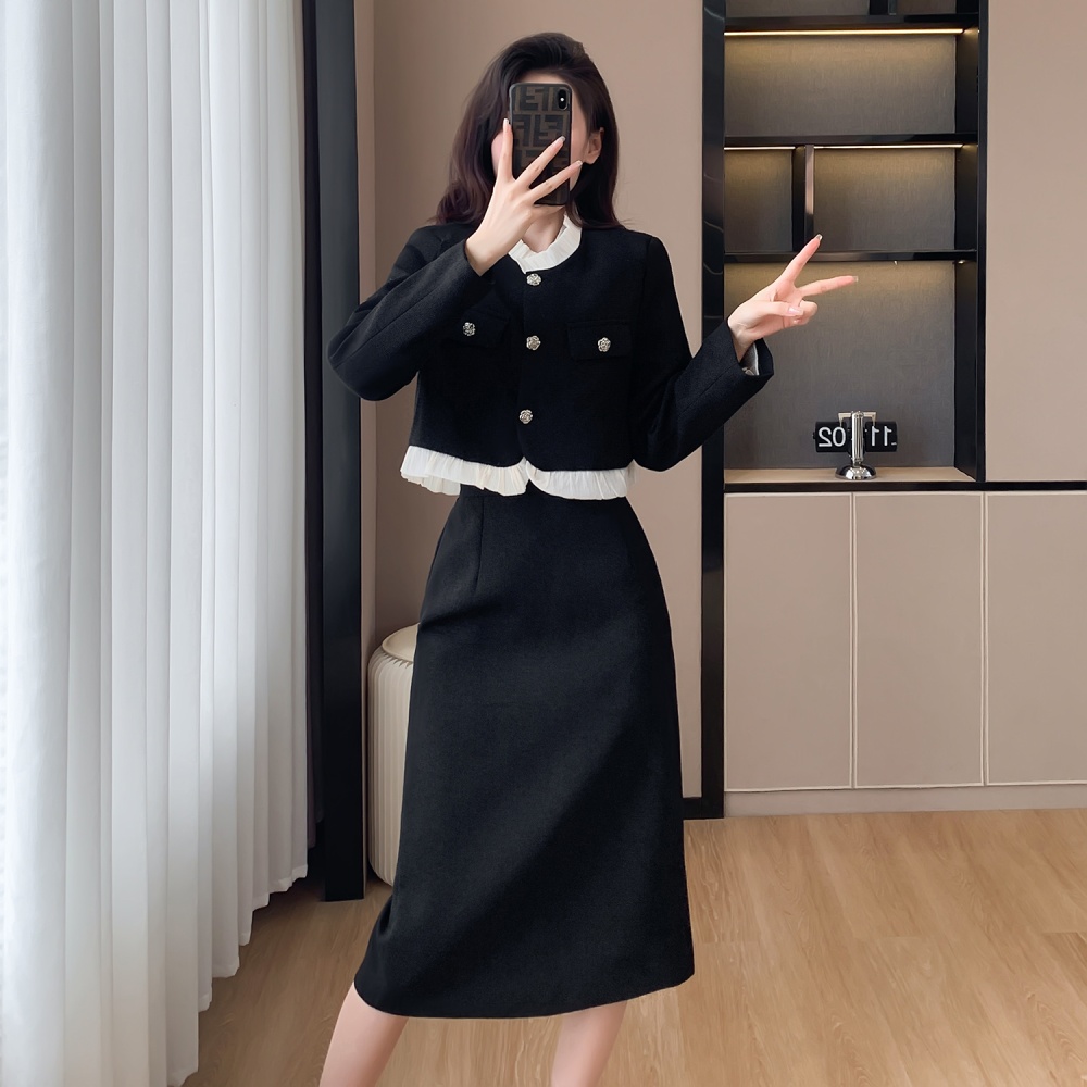 Chanelstyle high waist coat splice package hip skirt 2pcs set