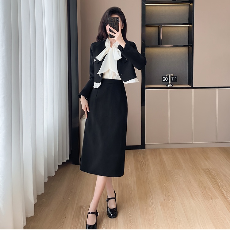 Chanelstyle high waist coat splice package hip skirt 2pcs set