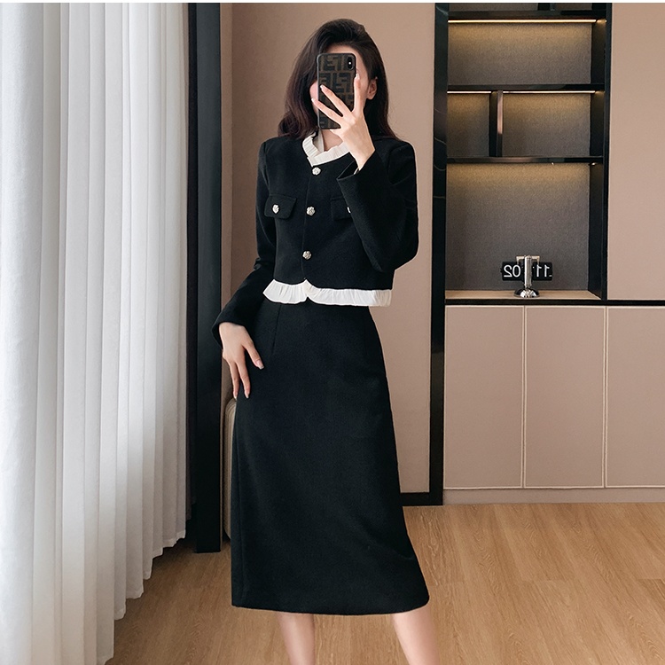 Chanelstyle high waist coat splice package hip skirt 2pcs set