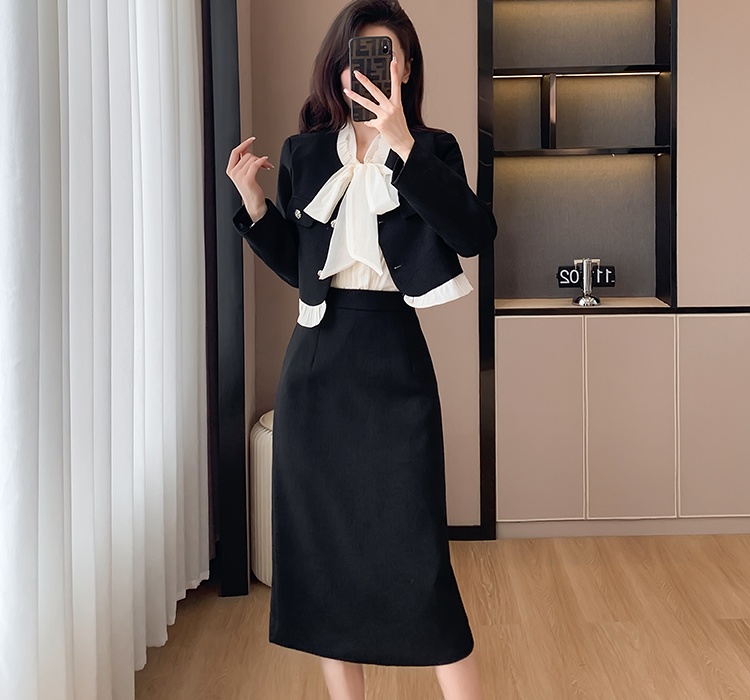 Chanelstyle high waist coat splice package hip skirt 2pcs set