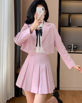 Short show young coat pleated British style skirt 2pcs set