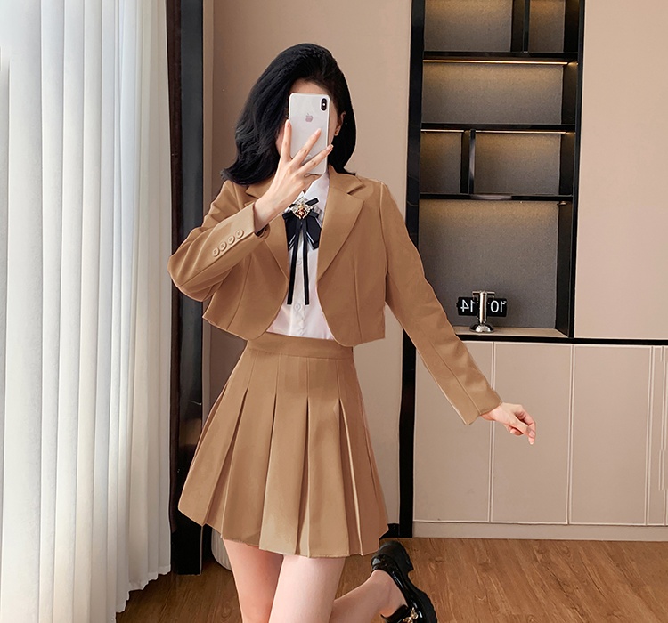 Short show young coat pleated British style skirt 2pcs set