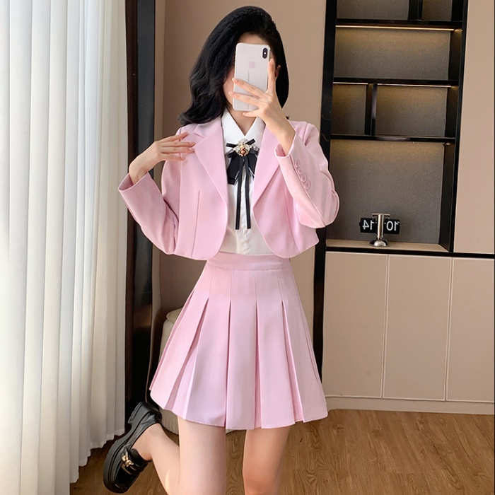 Short show young coat pleated British style skirt 2pcs set