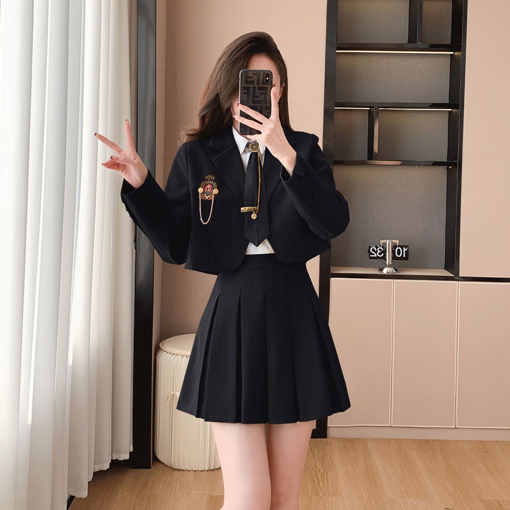 Pleated college style skirt show young shirt 3pcs set