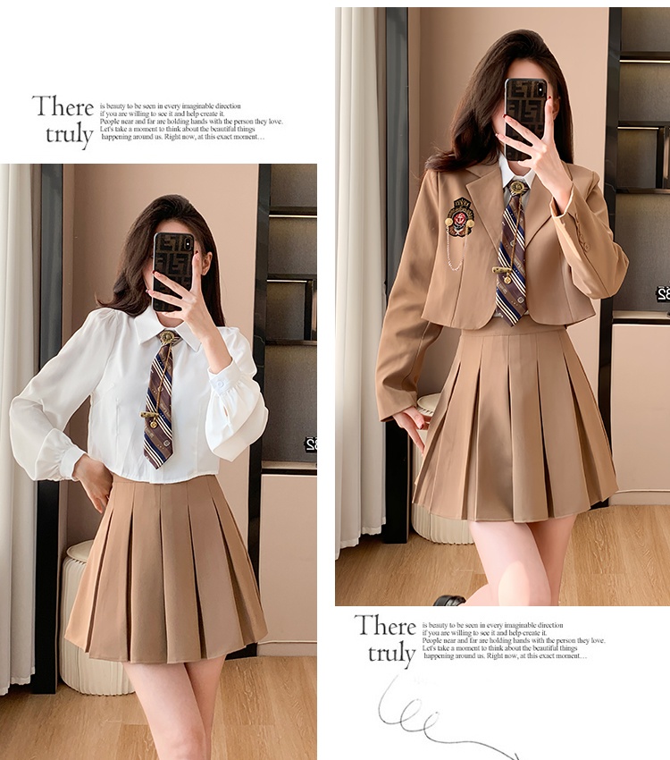 Pleated college style skirt show young shirt 3pcs set