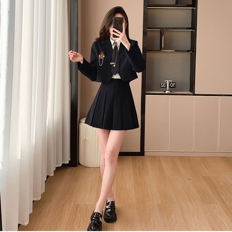 Pleated college style skirt show young shirt 3pcs set