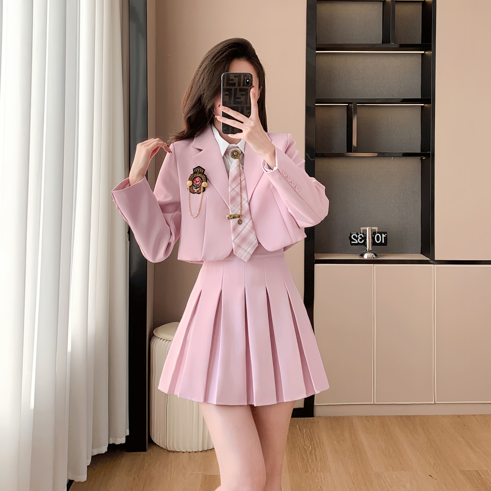 Pleated college style skirt show young shirt 3pcs set