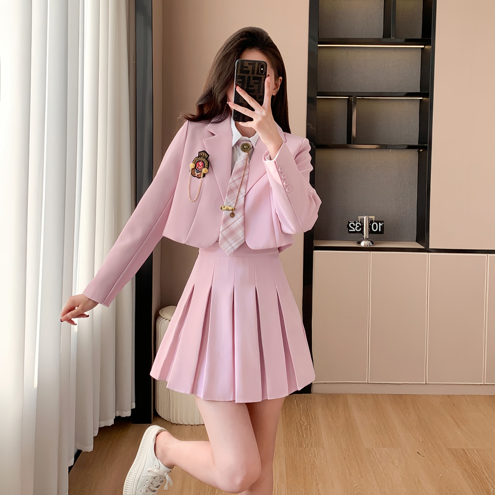 Pleated college style skirt show young shirt 3pcs set