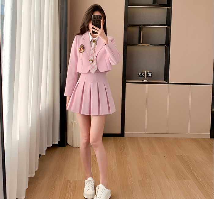 Pleated college style skirt show young shirt 3pcs set