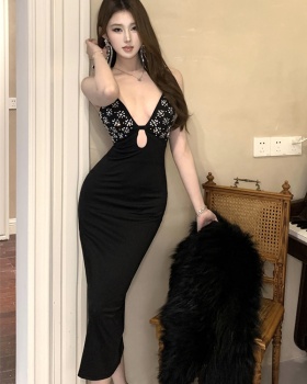 Spring ladies long slim spicegirl halter rhinestone dress