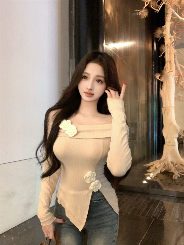 Spicegirl horizontal collar irregular hem knitted T-shirt