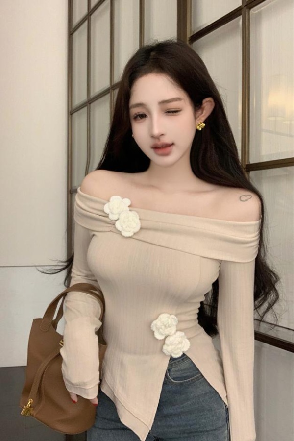 Spicegirl horizontal collar irregular hem knitted T-shirt