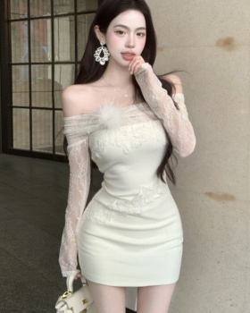 Short slim horizontal collar lace splice dress