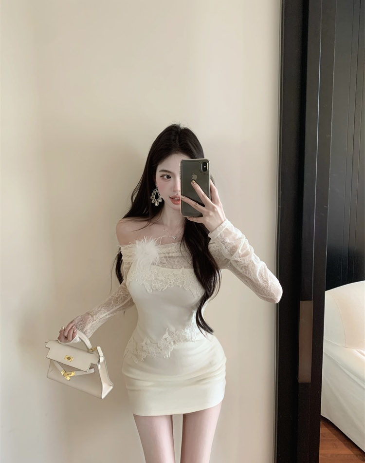 Short slim horizontal collar lace splice dress