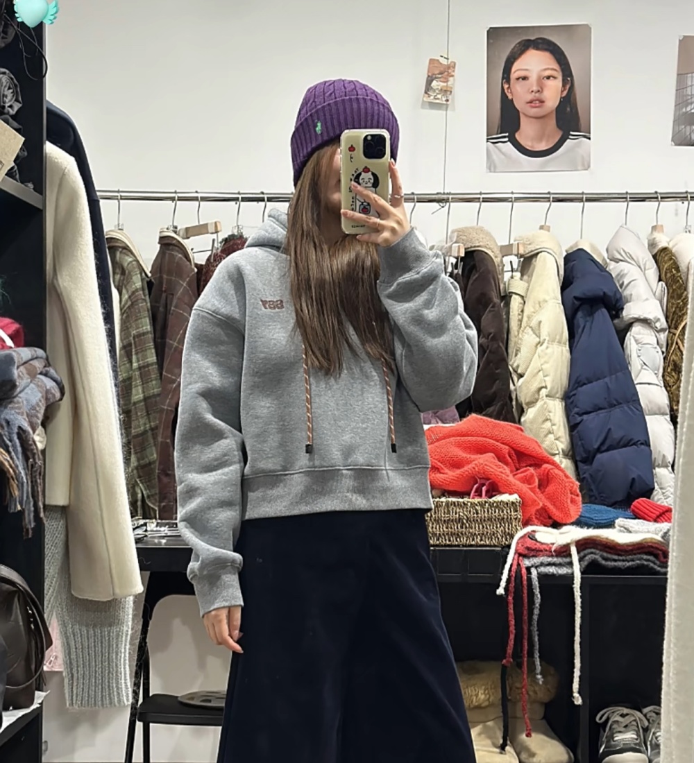 Short Korean style winter hooded tops gray lazy loose shirts