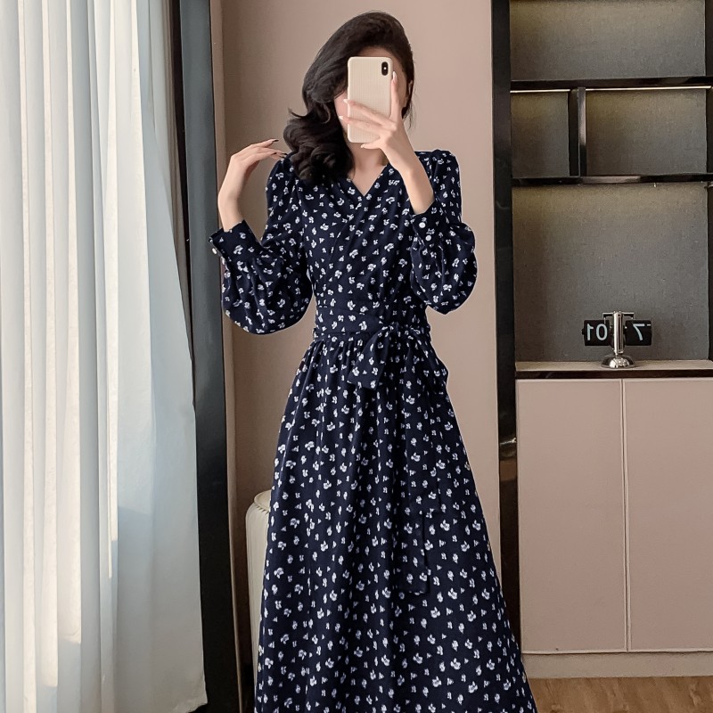 France style puff sleeve long dress long belt