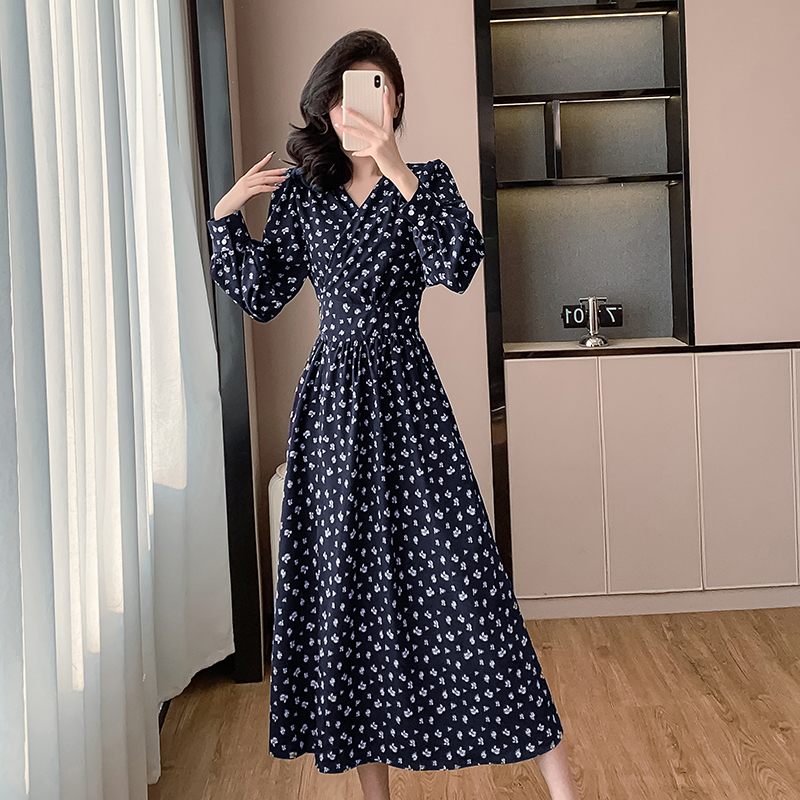 France style puff sleeve long dress long belt