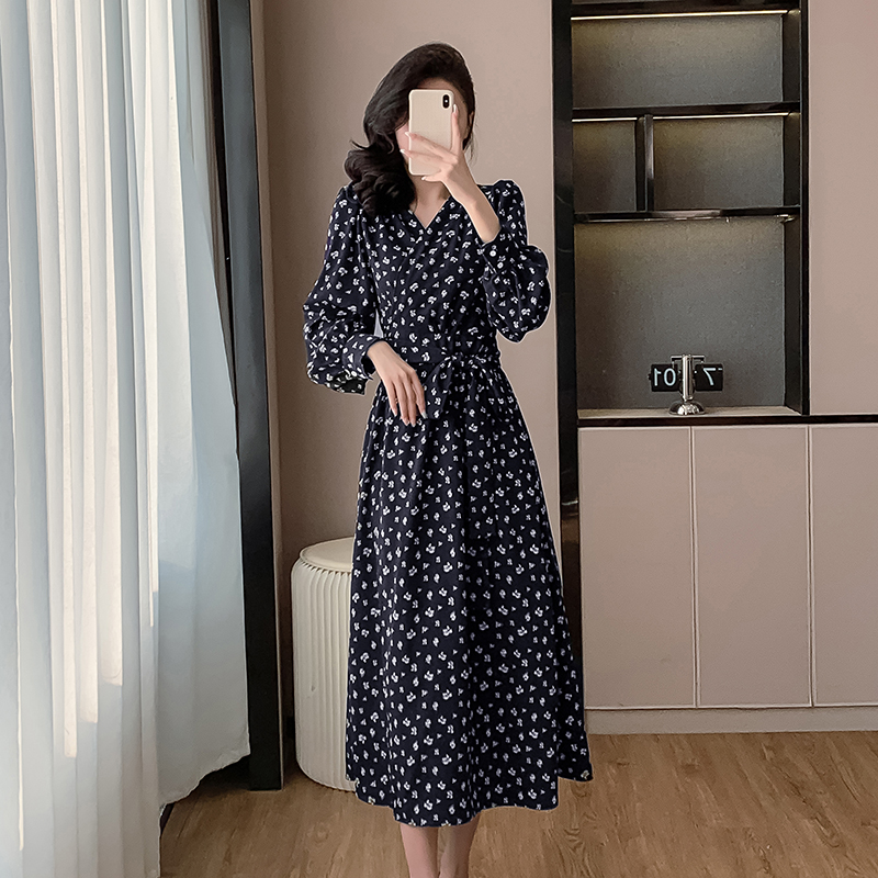 France style puff sleeve long dress long belt