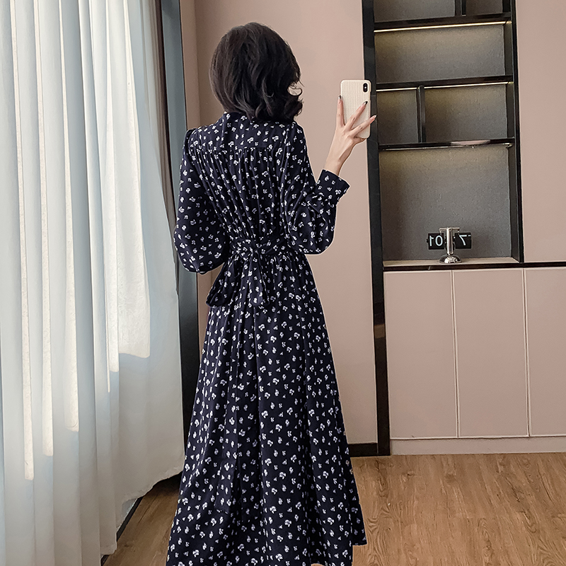 France style puff sleeve long dress long belt